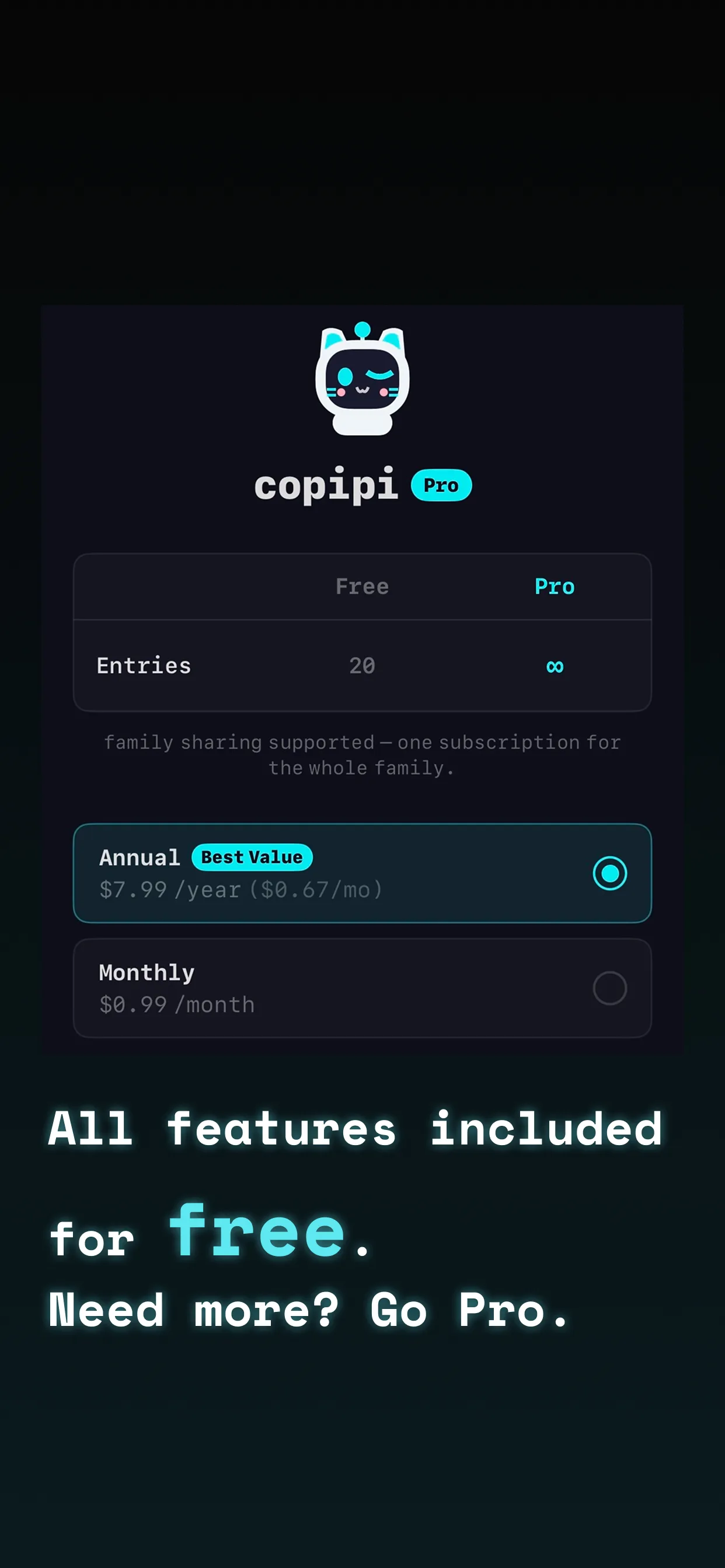 copipi Pro pricing — all features free, Pro plan from $0.99 per month