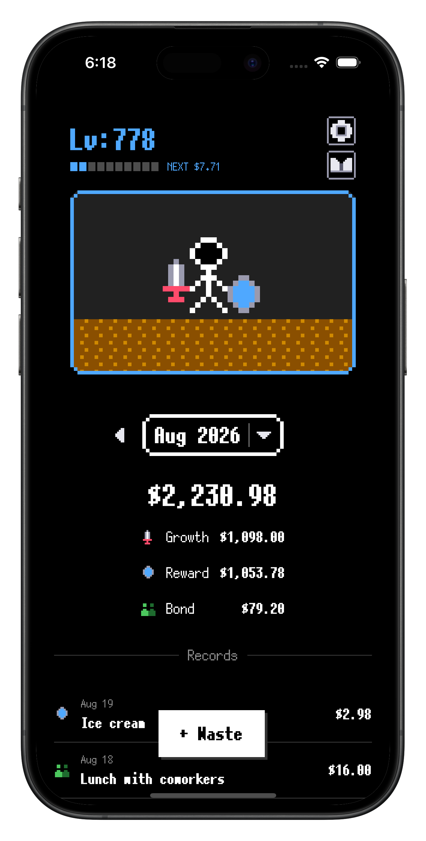 WasteLvl home screen — a growing pixel-art adventurer, LEVEL gauge, total spending split into Growth, Reward and Bond, and records for August 2026